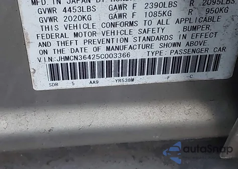 2005 Honda Accord Hybrid Ima from USA, damaged, VIN JHMCN36425C003366